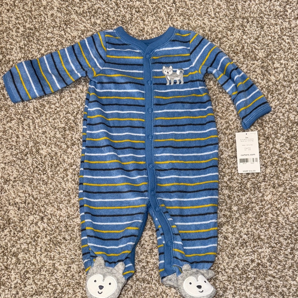 Carter's Blue and Yellow Striped Footie with Bear Accents